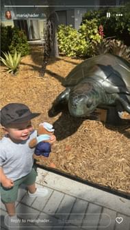 Lucas Hader's son, Lucas, posing with a model turtle