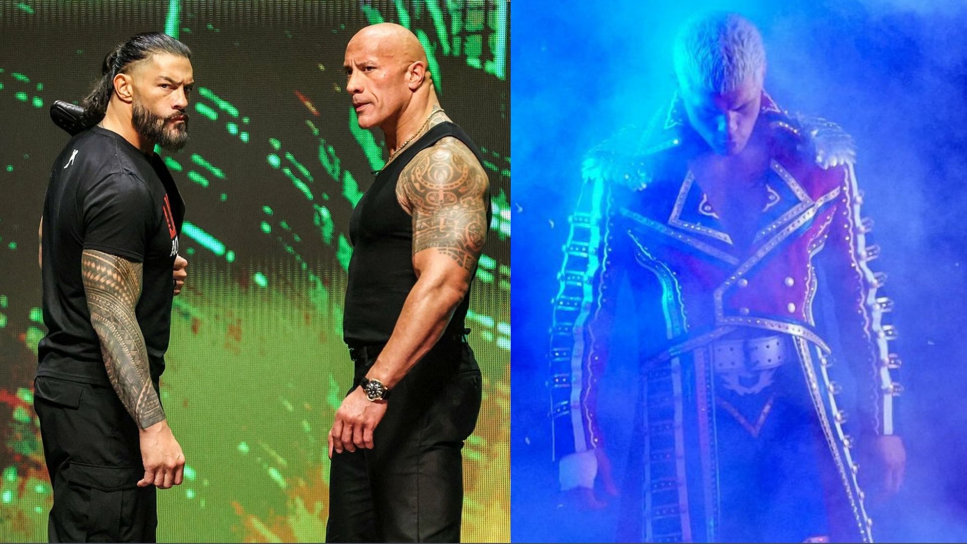 Roman Reigns &amp; The Rock (left); Cody Rhodes (right)