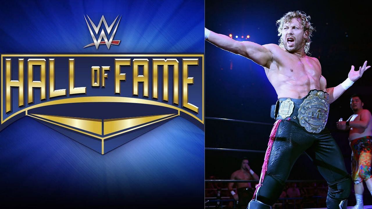 WWE Hall of Fame logo (left) and Kenny Omega (right)