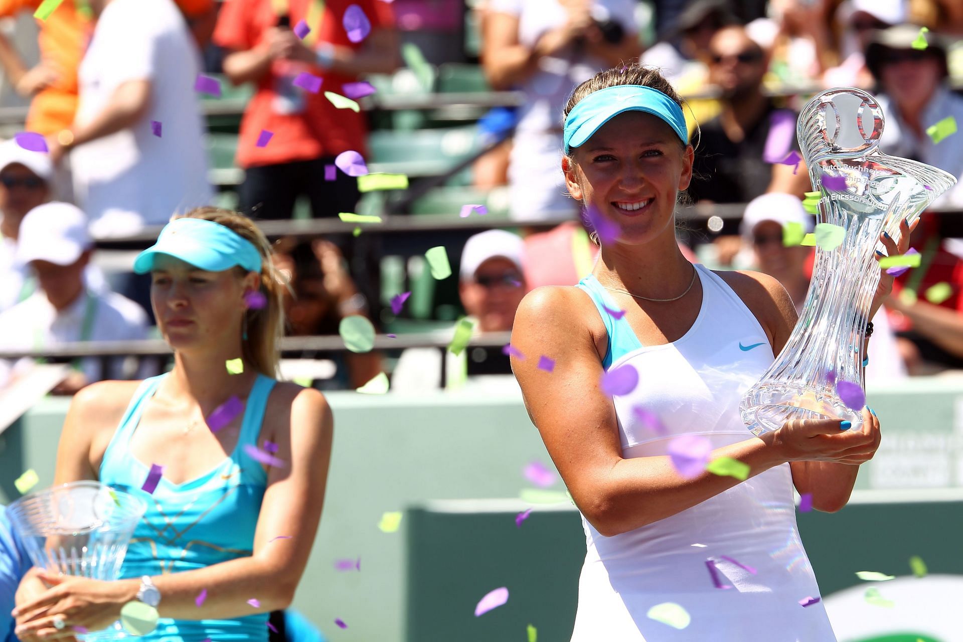 Victoria Azarenka beat Maria Sharapova (right) in the 2011 Sony Ericsson Open final