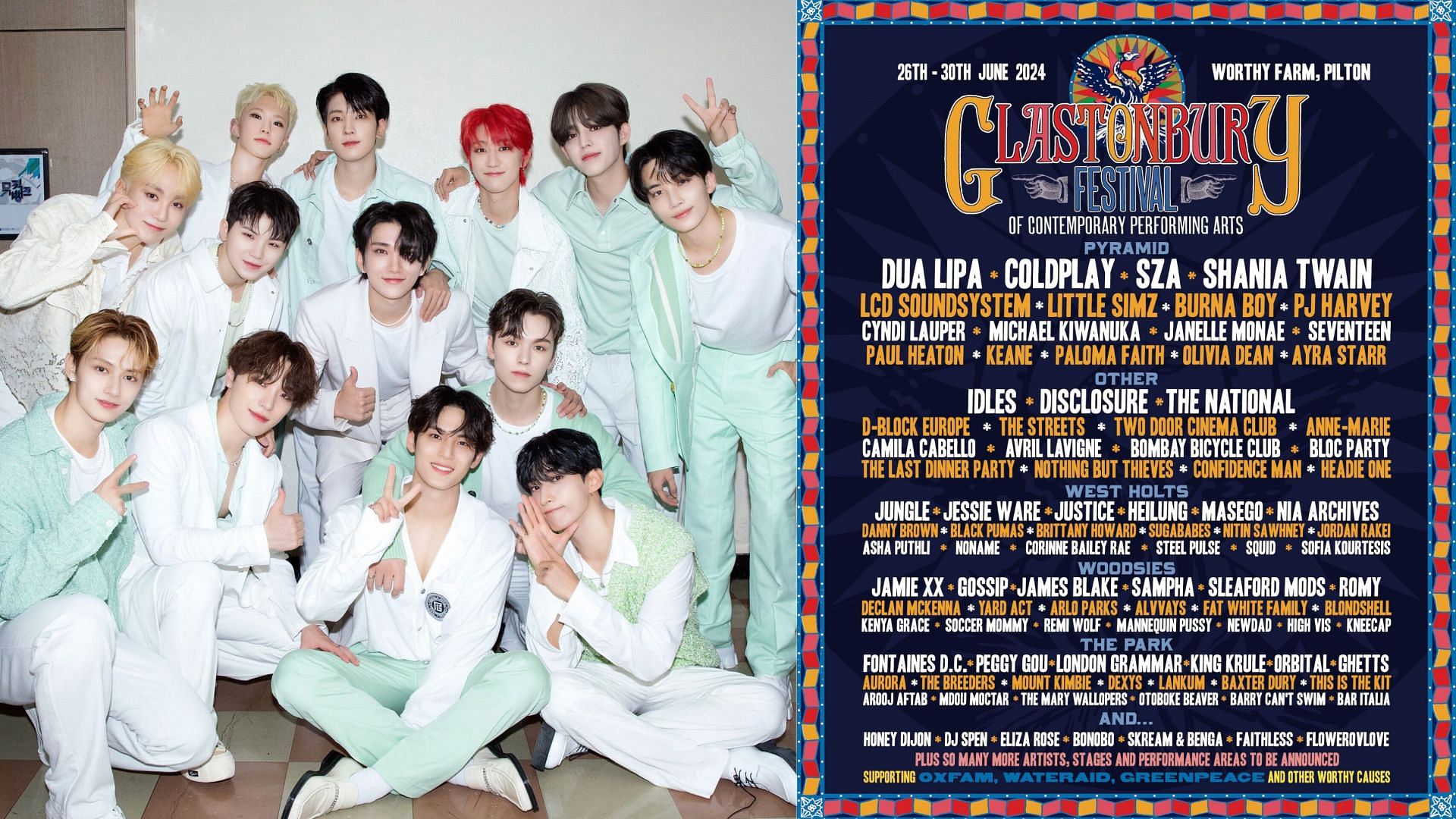 SEVENTEEN becomes the first K-pop group to perform at the Glastonbury Festival (Images via X/@pledis_17 &amp; @glastonbury