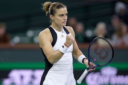 Maria Sakkari celebrates after winning a point at the semifinals of the BNP Paribas Open 2024