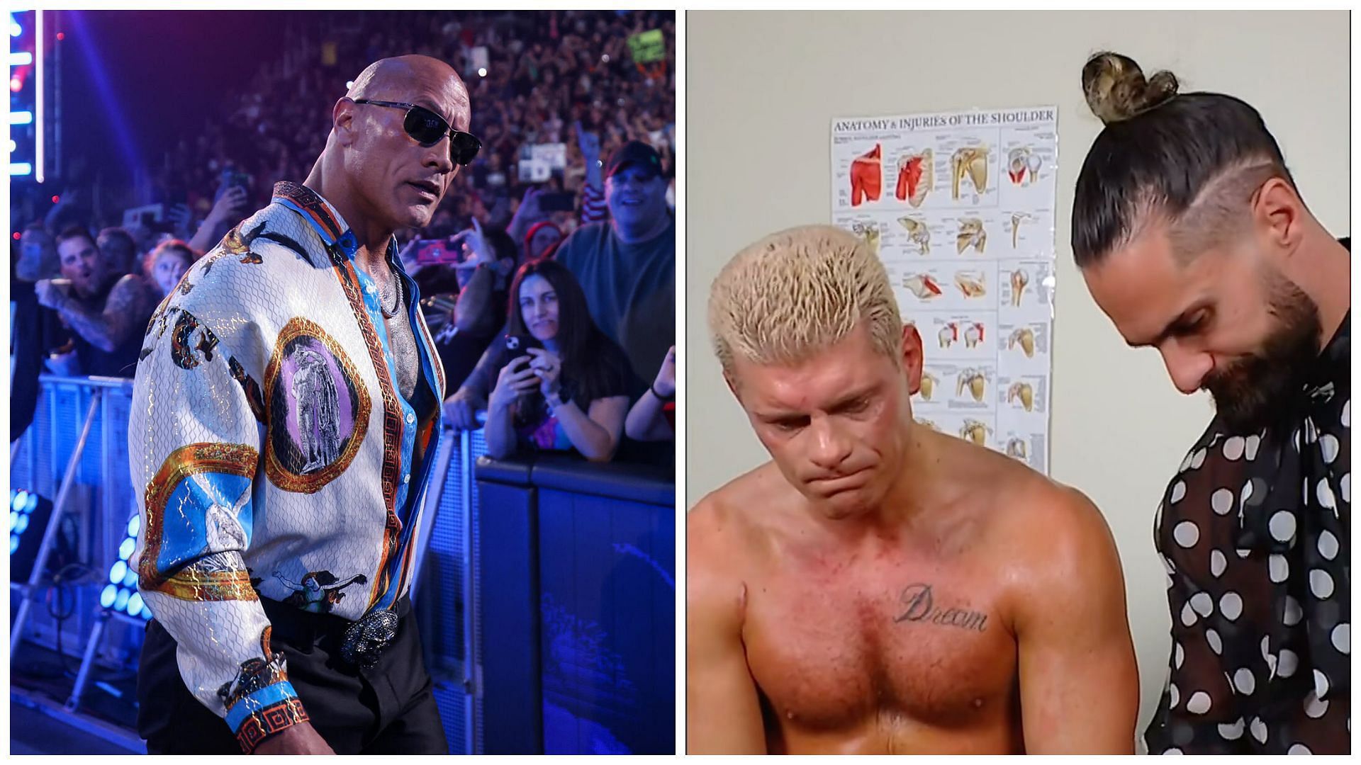 The Rock (left) and Cody Rhodes &amp; Seth Rollins (right).