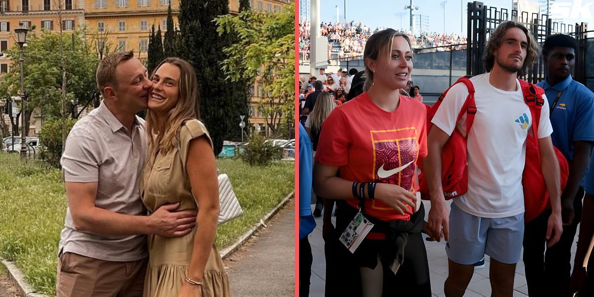 Aryna Sabalenka ad boyfriend Konstantin Koltsov (L), Paula Badosa and boyfriend Stefanos Tsitsipas (R)