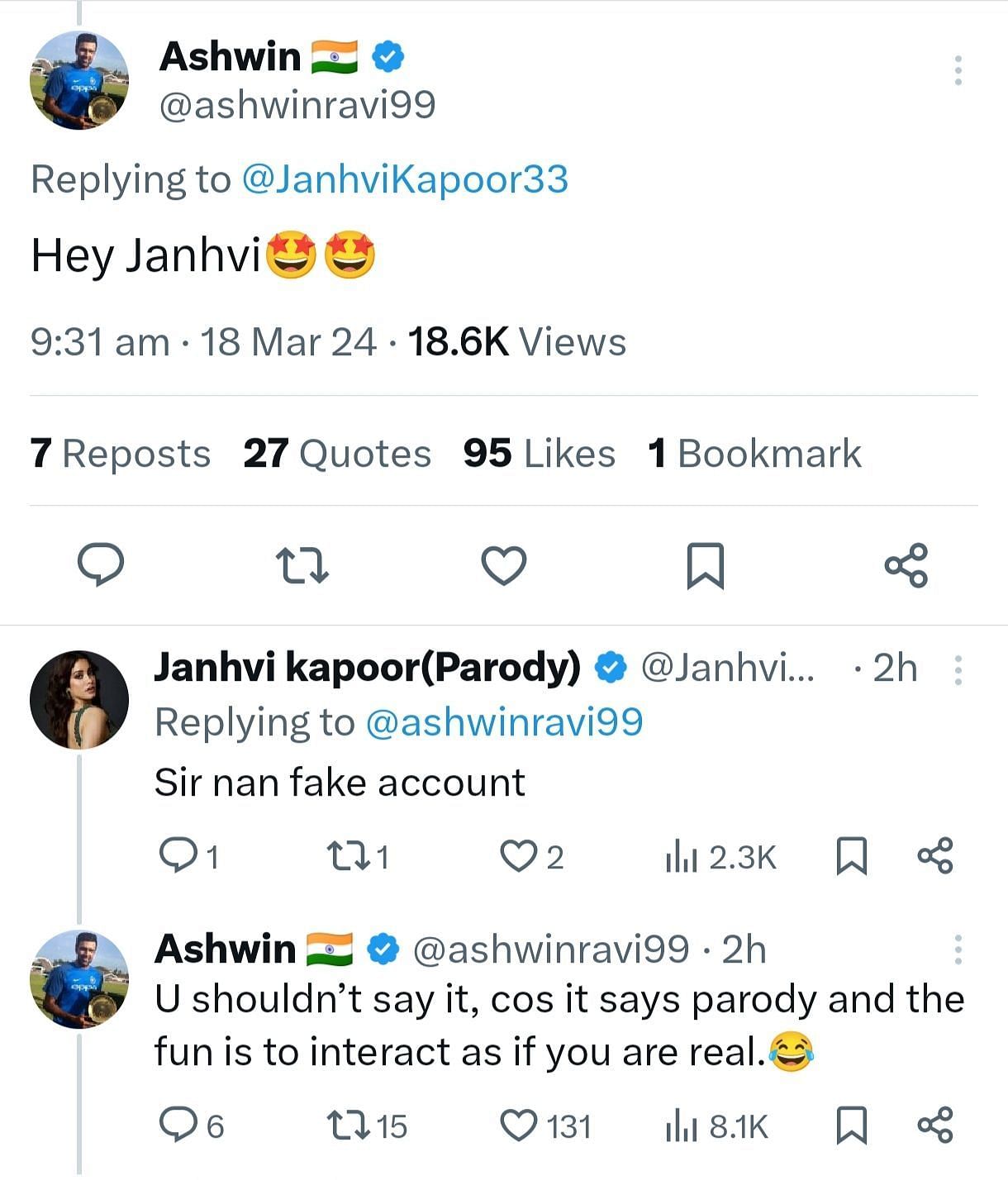 Screenshot of the parody account saying it&#039;s a fake one and Ravichandran Ashwin&#039;s response to it