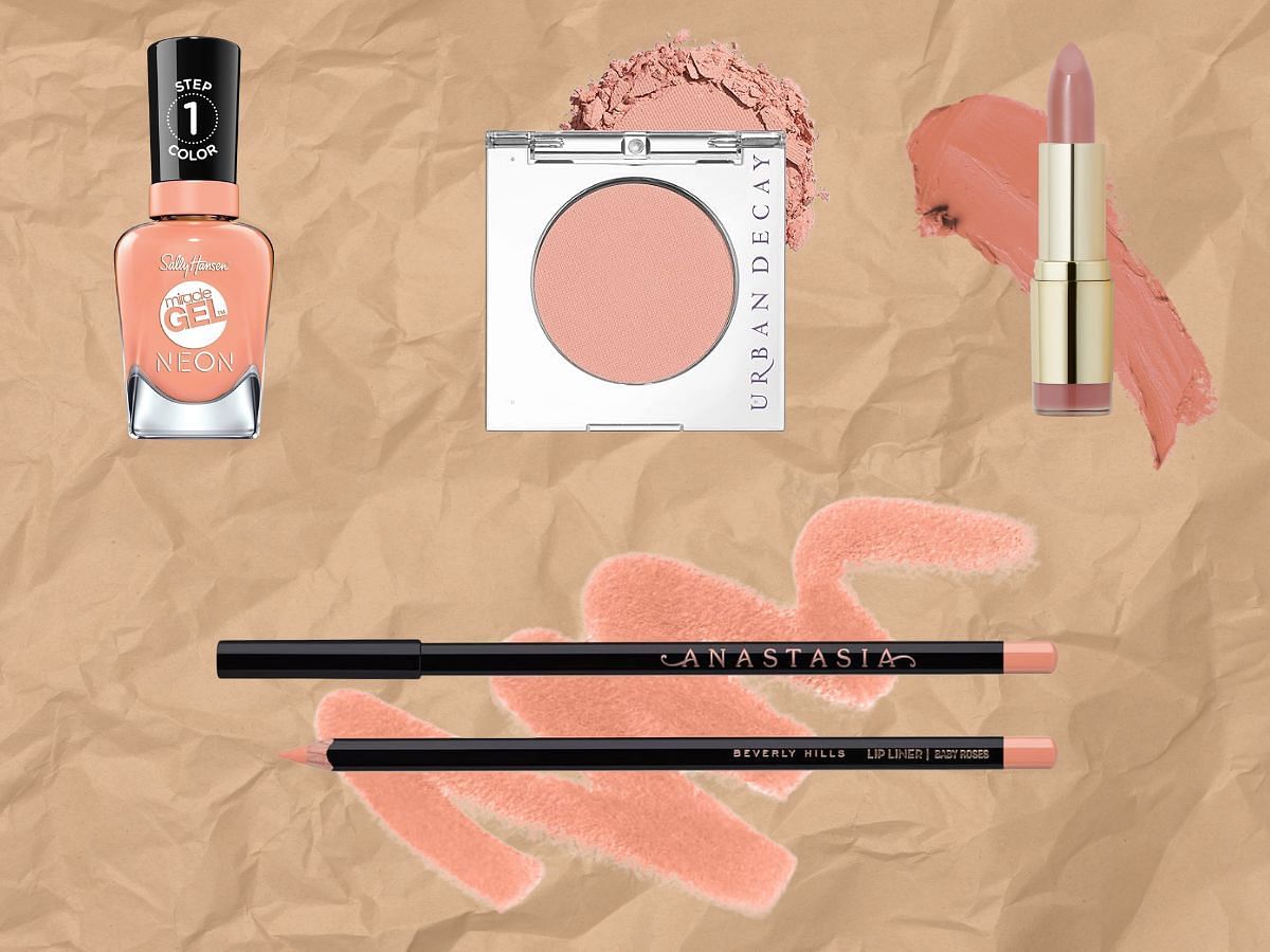 Peach Fuzz beauty products (Images via Sally Hansen, Anastasia Beverly Hills, Milani, Urban Decay)