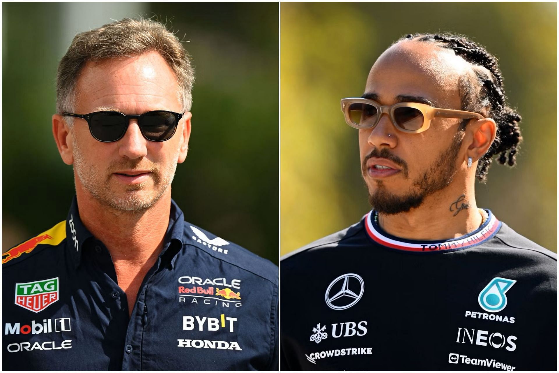 Christian Horner (L) and Lewis Hamilton (R) (Collage via Sportskeeda)