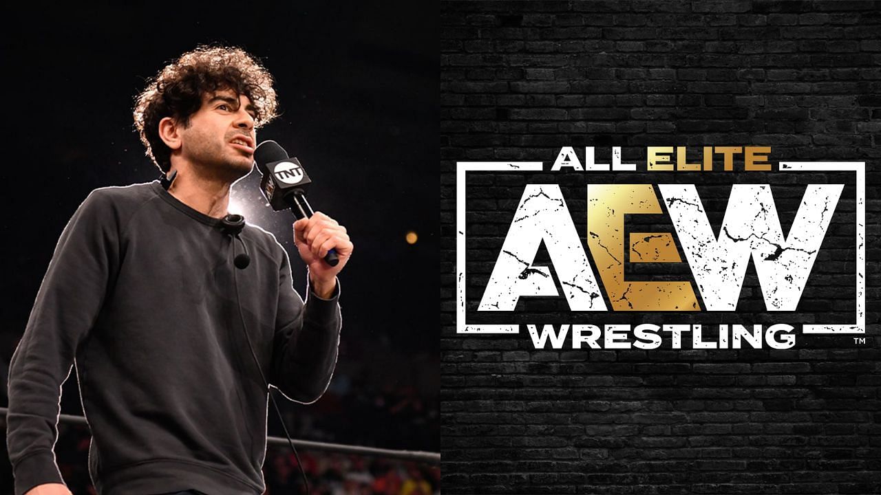 Tony Khan (left) and AEW logo (right)