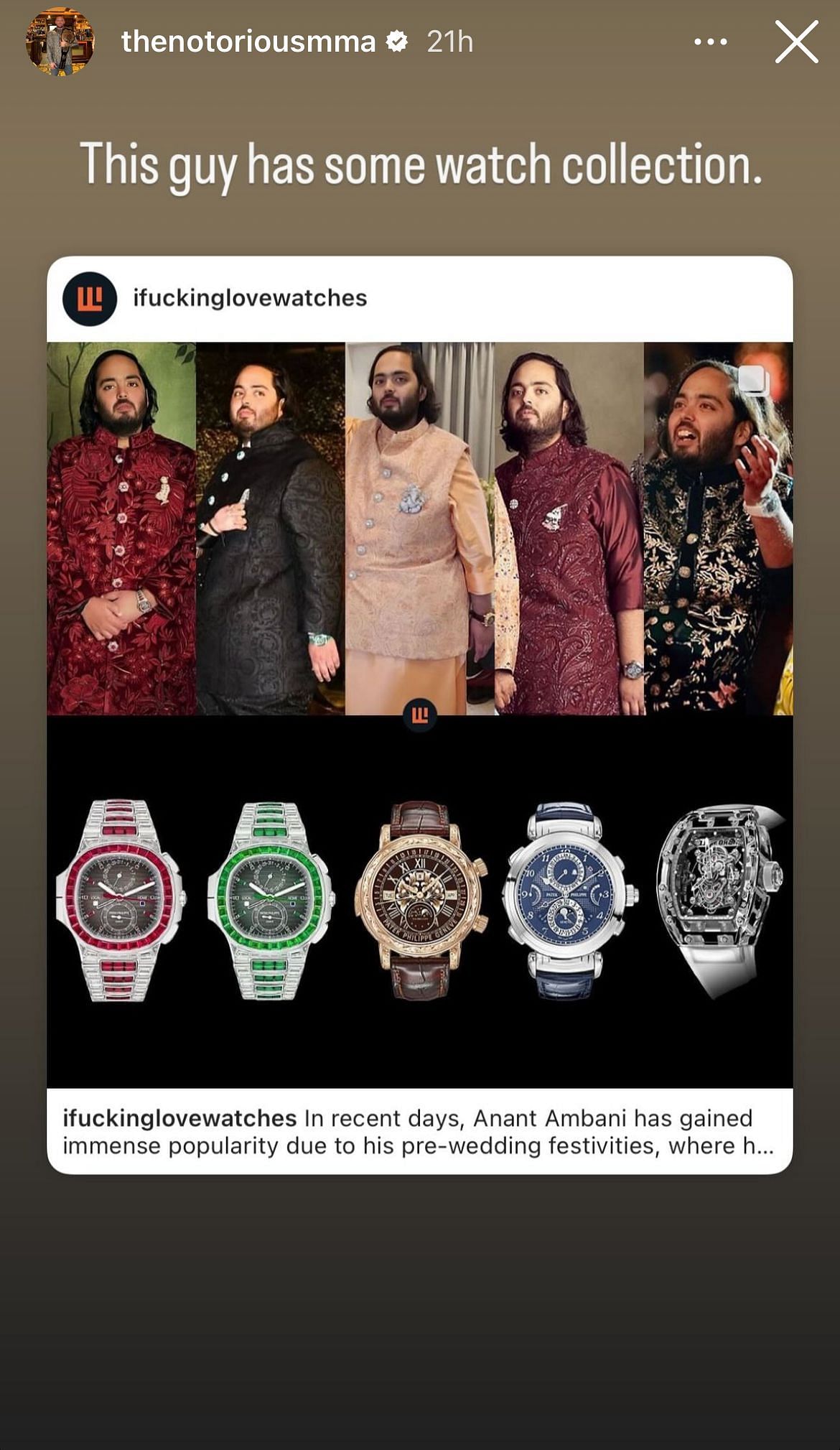 A screenshot of Conor McGregor&#039;s Instagram story about Anant Ambani&#039;s watch collection