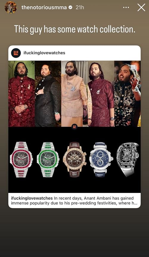 A screenshot of Conor McGregor's Instagram story about Anant Ambani's watch collection