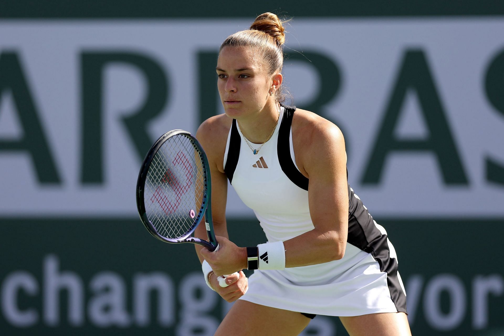 Maria Sakkari in action during her fourth-round match at Indian Wells 2024.