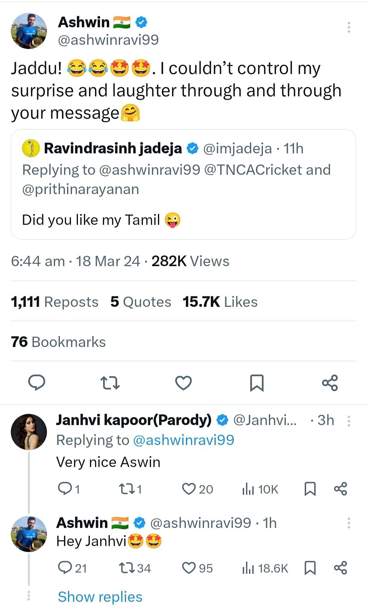 Screenshot of the conversation between Ravichandran Ashwin and the parody account
