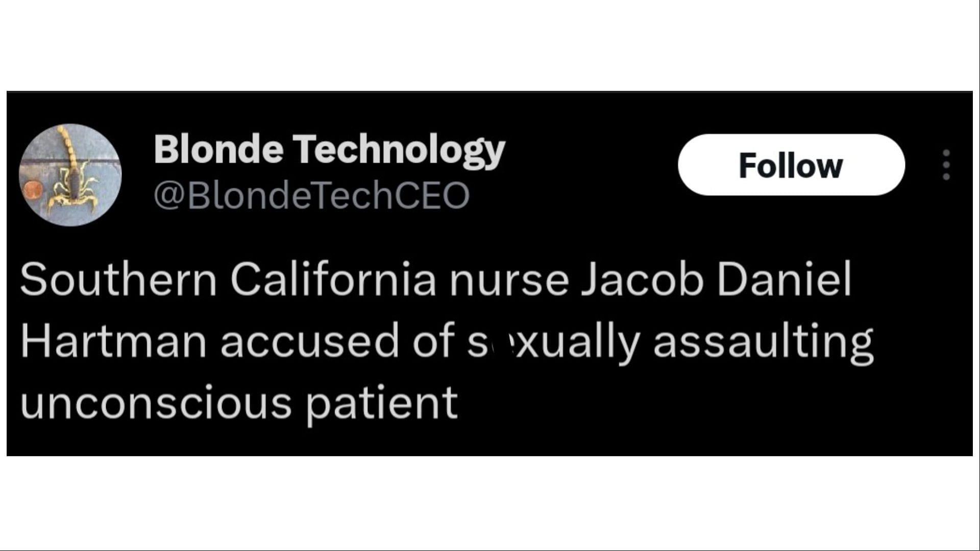 The California nurse faces assault charges (Image via Blonde Technology/X)
