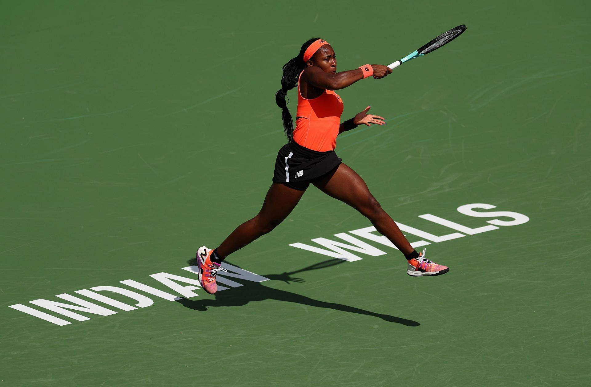 Coco Gauff hits a forehand at the 2024 BNP Paribas Open