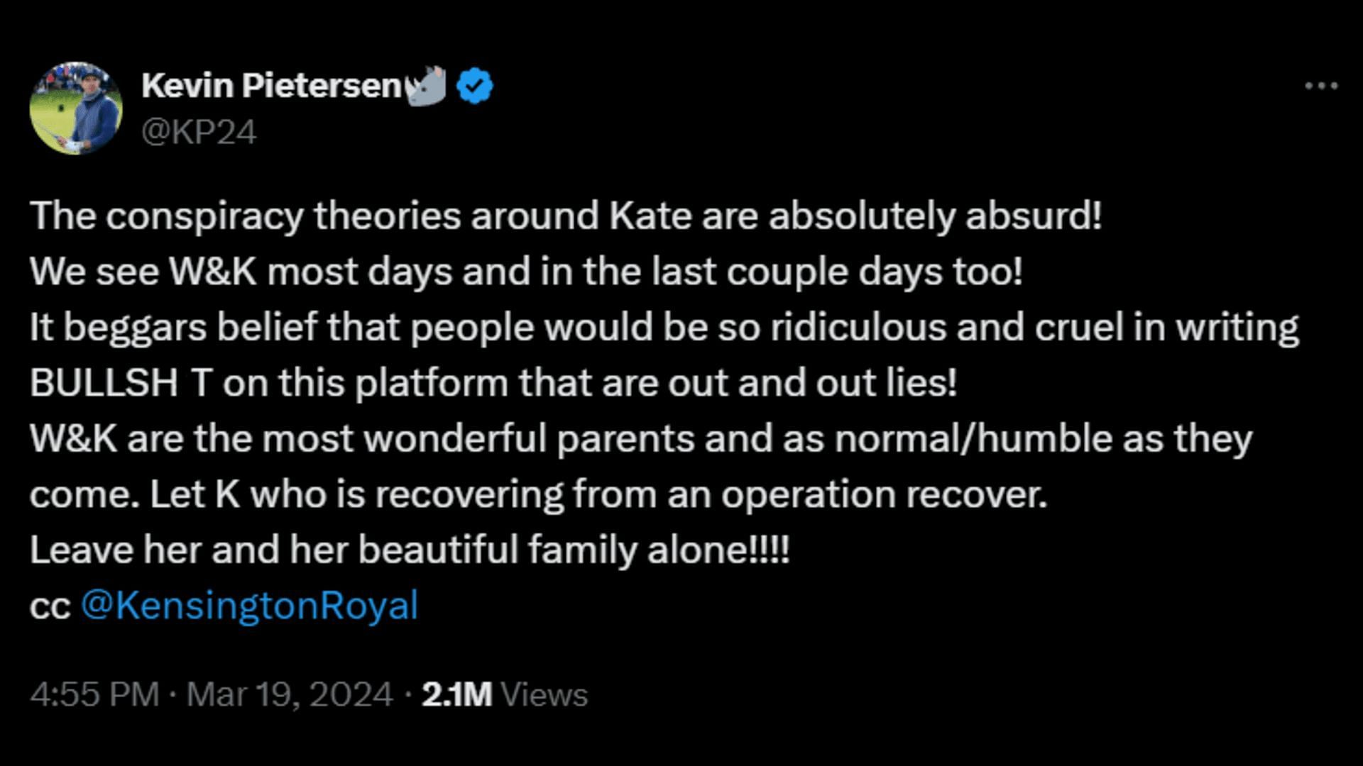 Kevin Pietersen slams Kate Middleton conspiracy theories online. (Image via X/ KP24)