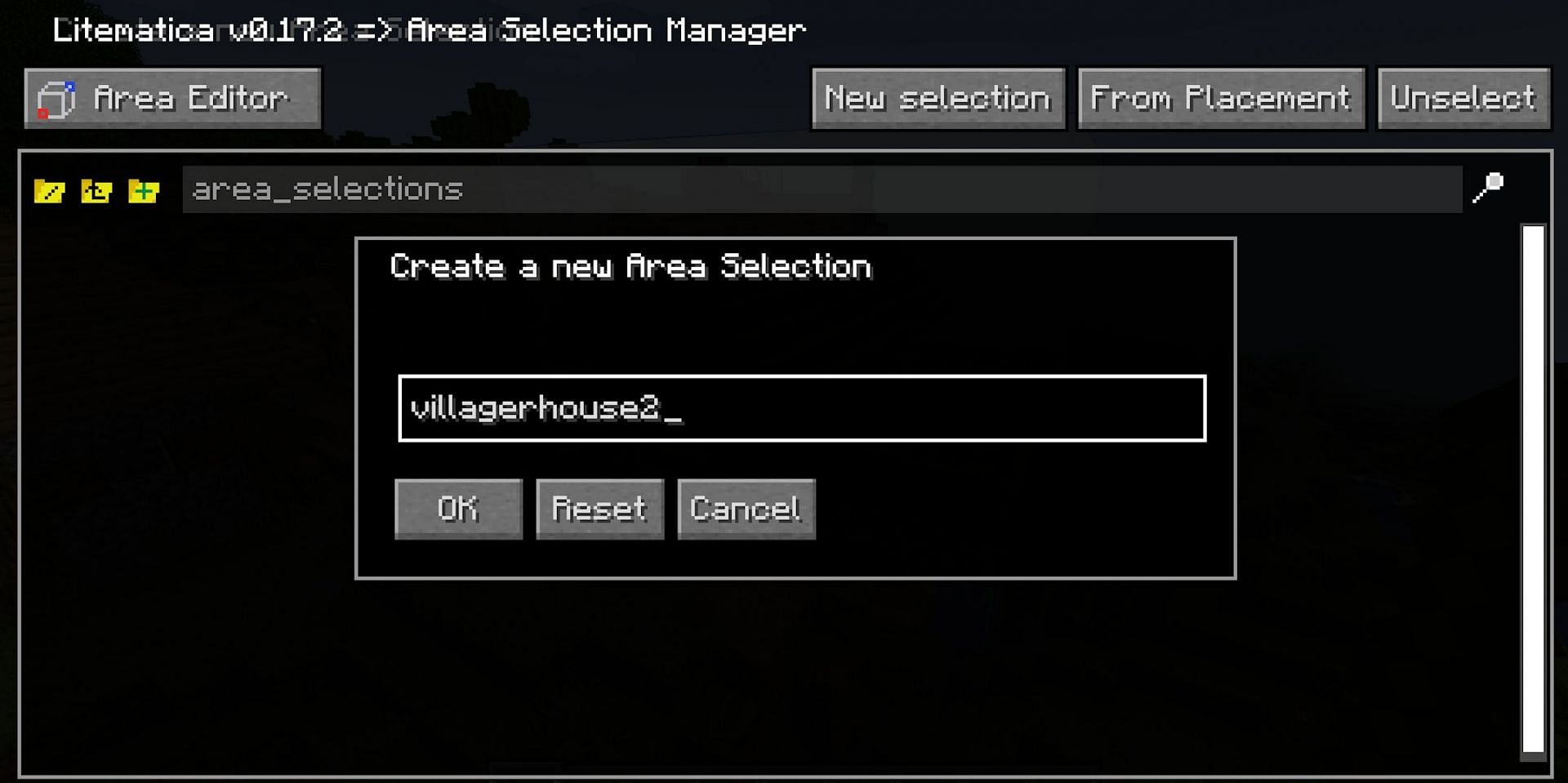 Creating an area just requires you to input a name (Image via Mojang)