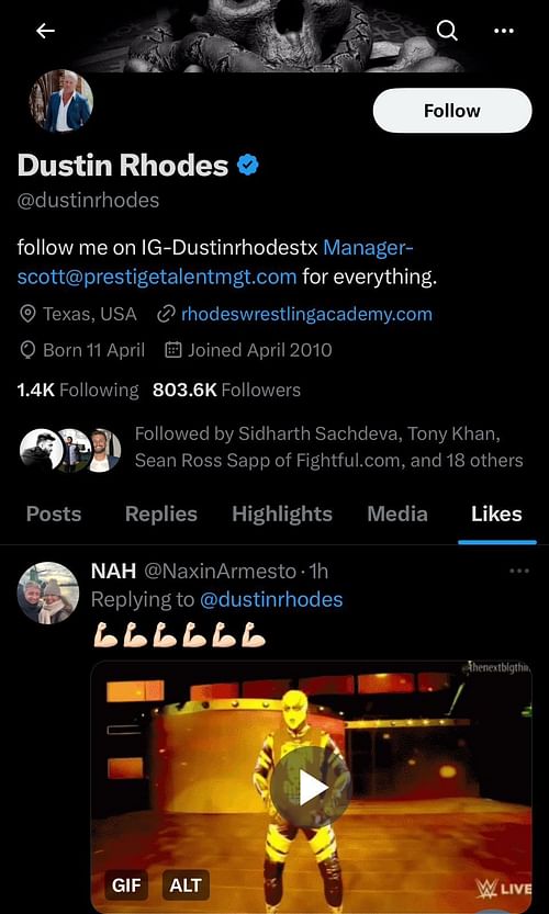 Screenshot of Dustin Rhodes liking the tweet