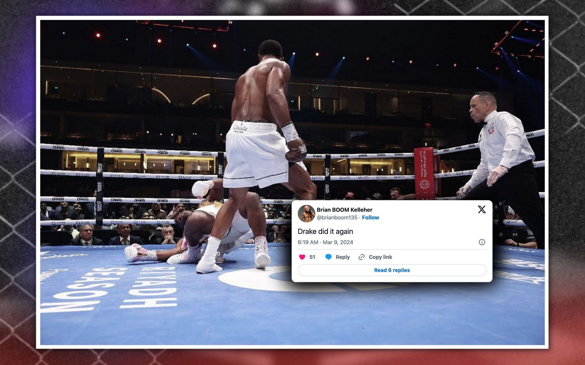 Combat sports world react as Anthony Joshua KOs Francis Ngannou. [Image courtesy: @daznboxing on Instagram] 