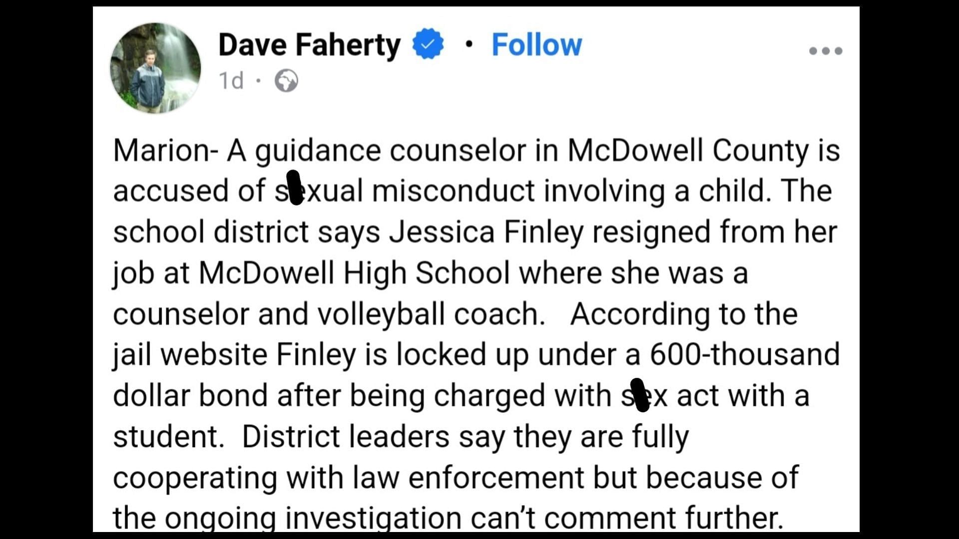 Finley was a guidance counselor at McDowell High School (Image via Facebook/Dave Faherty)