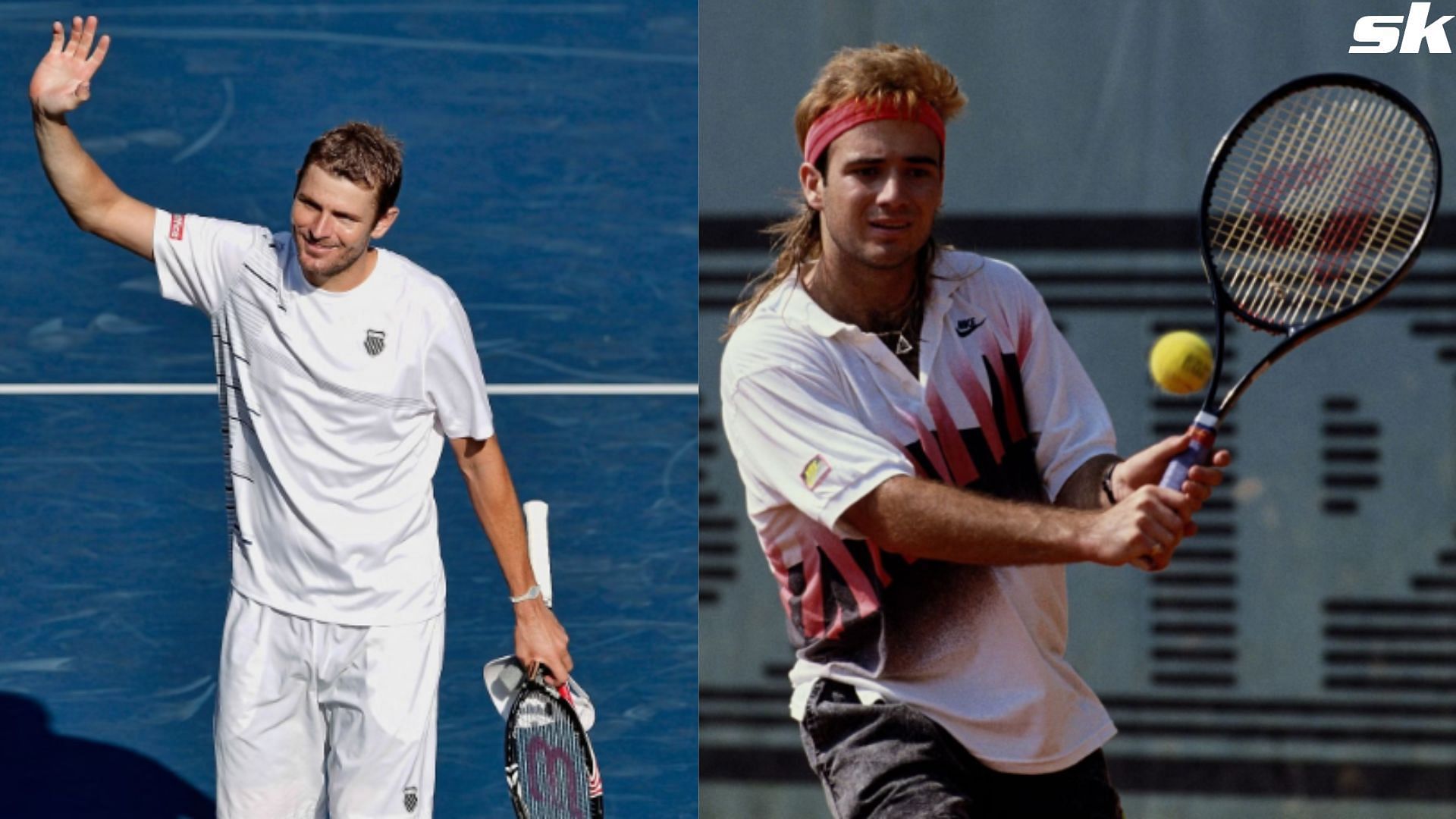 Retired American tennis pros Mardy Fish and Andre Agassi during their playing days