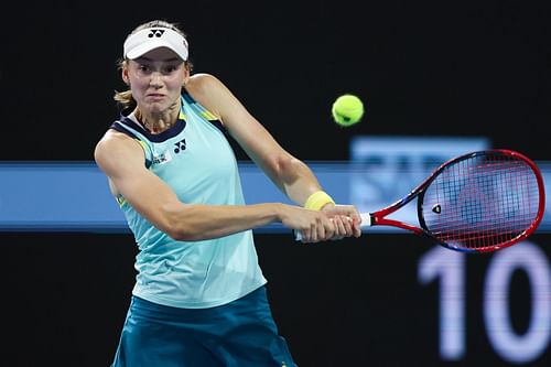 Elena Rybakina plays a backhand against Maria Sakkari at the Miami Open.