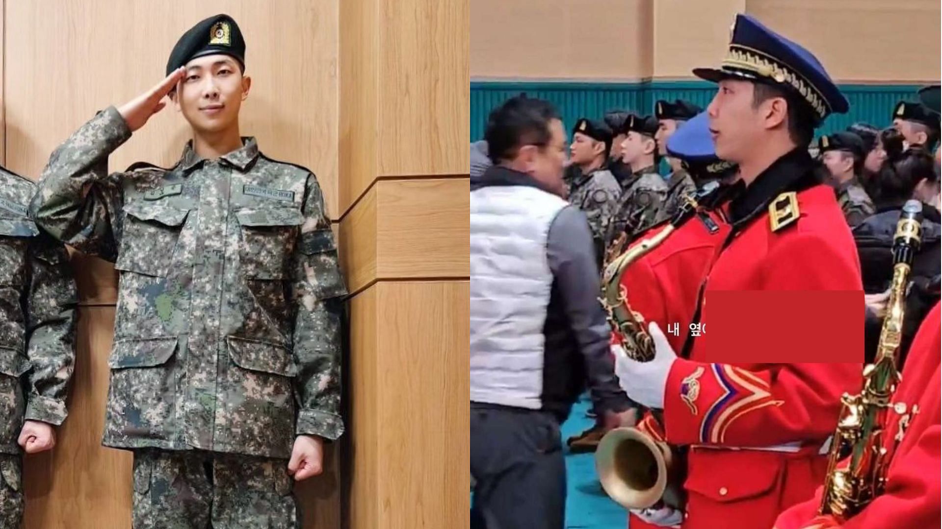 RM spotted with saxophone in the military (Images via Twitter/nightstar1201 and Instagram/rkive)