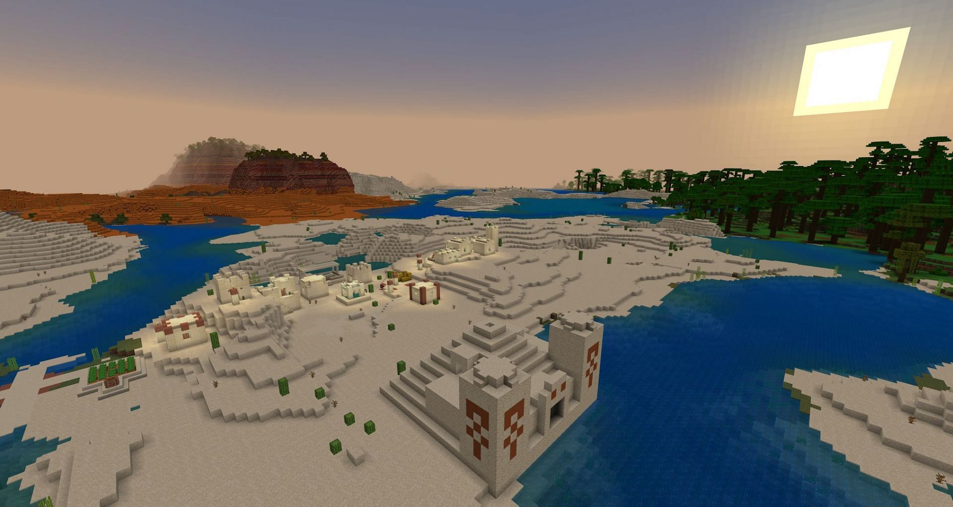 The village and temple directly above a stronghold and large lush cave (Image via Mojang)