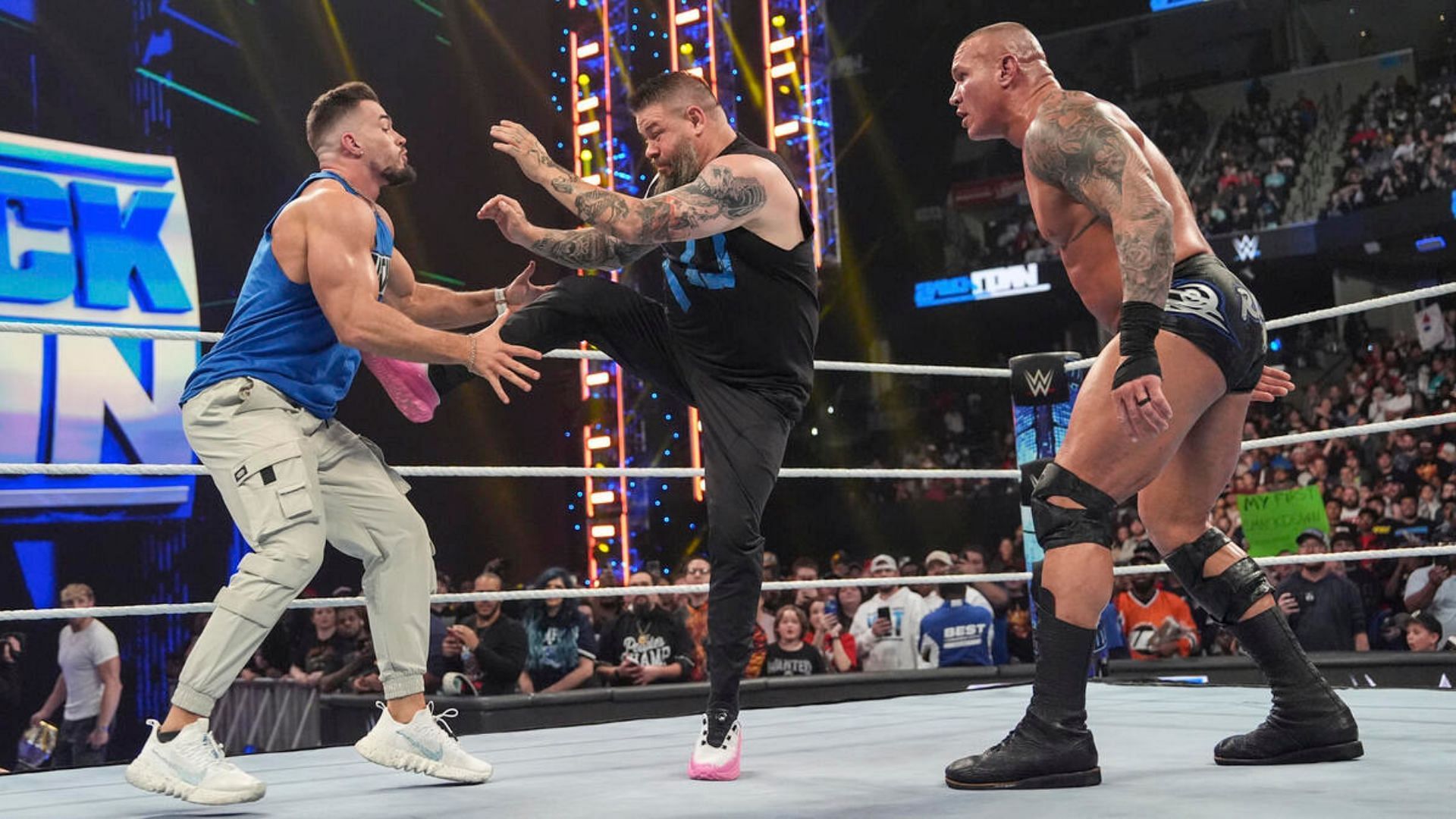 Austin Theory, Kevin Owens, and Randy Orton on SmackDown.