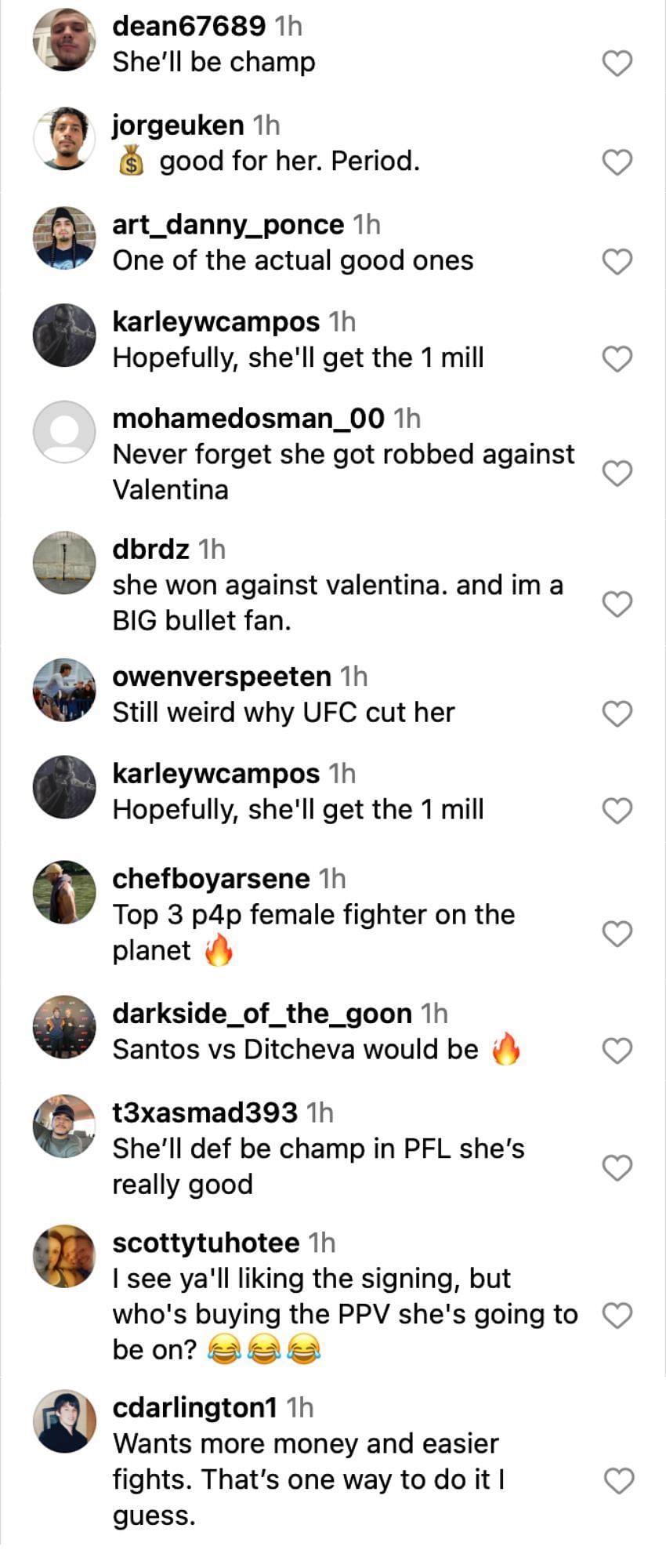 Fans reacting to Taila Santos joining the PFL [via @mmajunkie on Instagram]