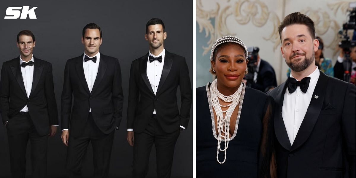 Rafael Nadal, Roger Federer , Novak Djokovic (L), Serena Williams and husband Alexis Ohanian (R)