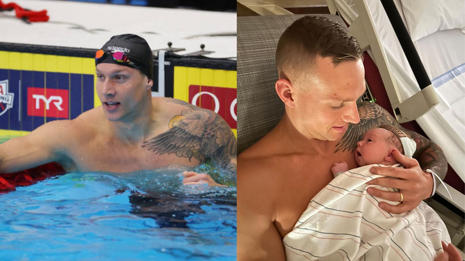 Caeleb Dressel with his newborn son (Image via Getty and Image via Instagram/caelebdressel)