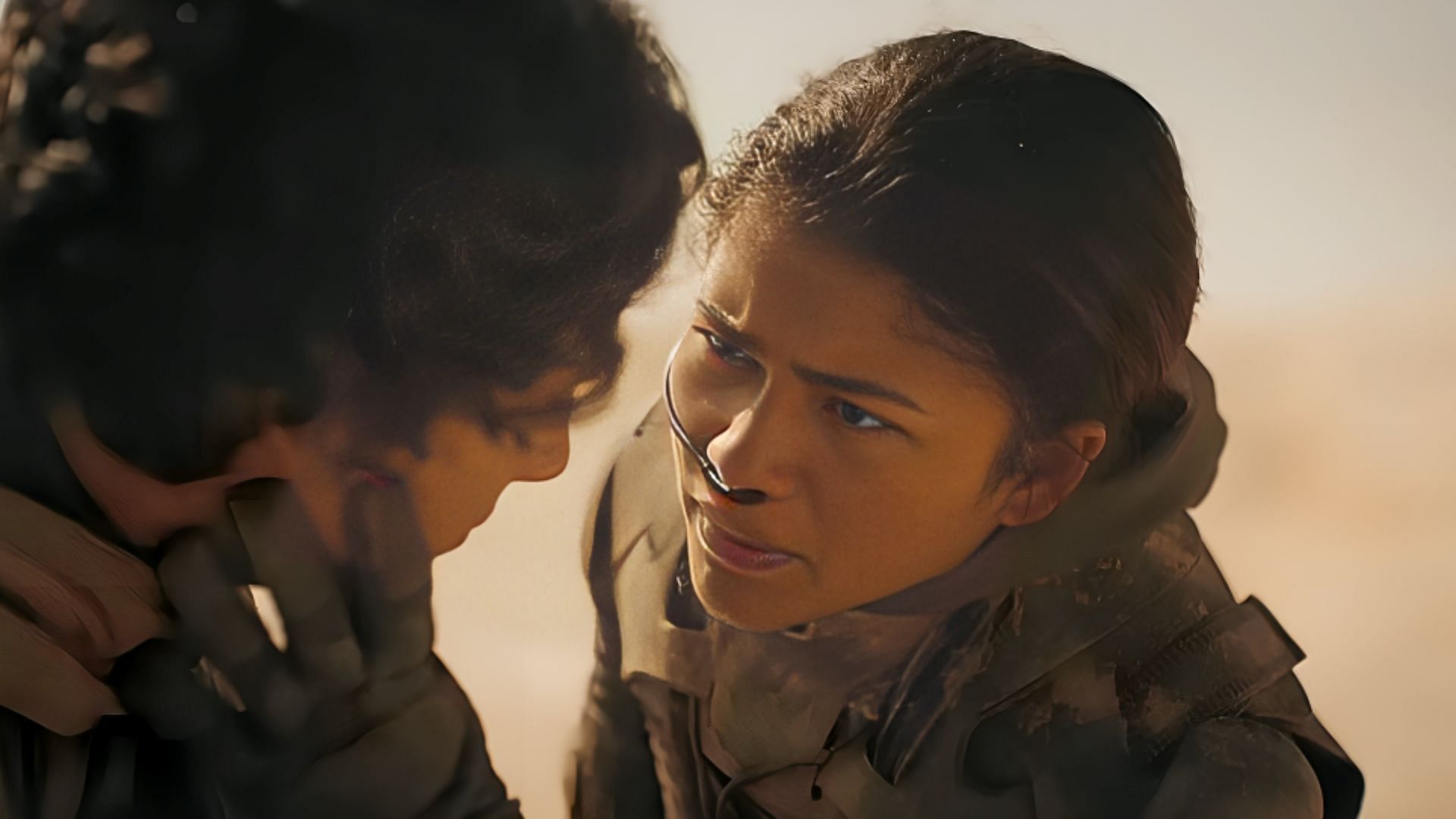 Timoth&eacute;e Chalamet (L) and Zendaya (R) in the trailer for Dune: Part Two (Image via YouTube/Warner Bros, 1:55)