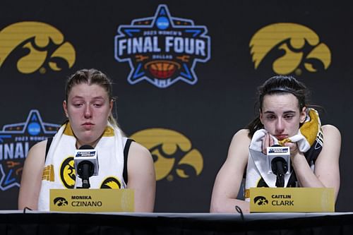 An emotional Monika Czinano and Caitlin Clark after losing to LSU