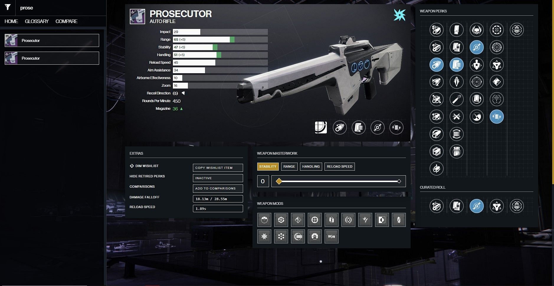 Prosecutor Destiny 2 PvE god roll (Image via D2Gunsmith)