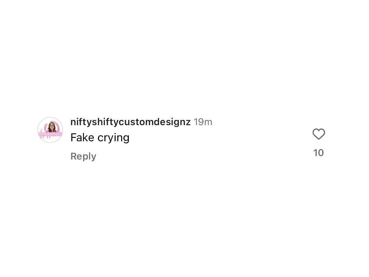 Netizens accuse Moniece of fake crying (image via @niftyshiftycustomedesignz on Instagram)