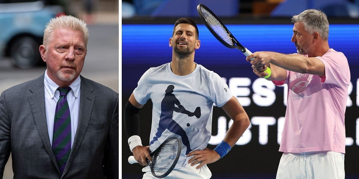 Boris Becker(L) reacts after Djokovic