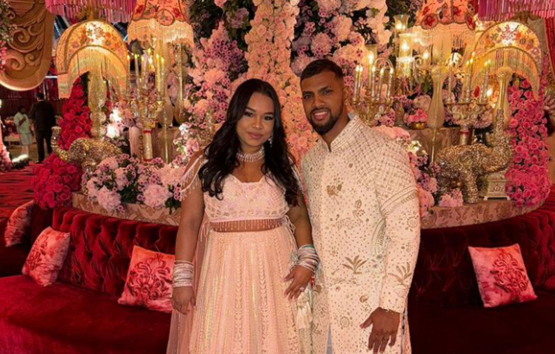 Nicholas Pooran posing with his wife in Jamnagar. (Image: @nicholaspooran Instagram)