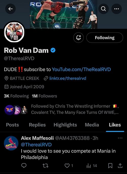 Screenshot of Rob Van Dam liking the tweet