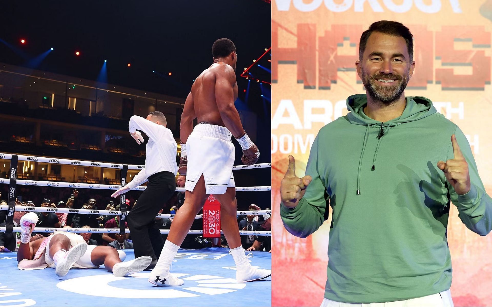 Eddie Hearn (right) says Anthony Joshua is the best heavyweight boxer in the world after KO win over Francis Ngannou (left) [Images Courtesy: @GettyImages]