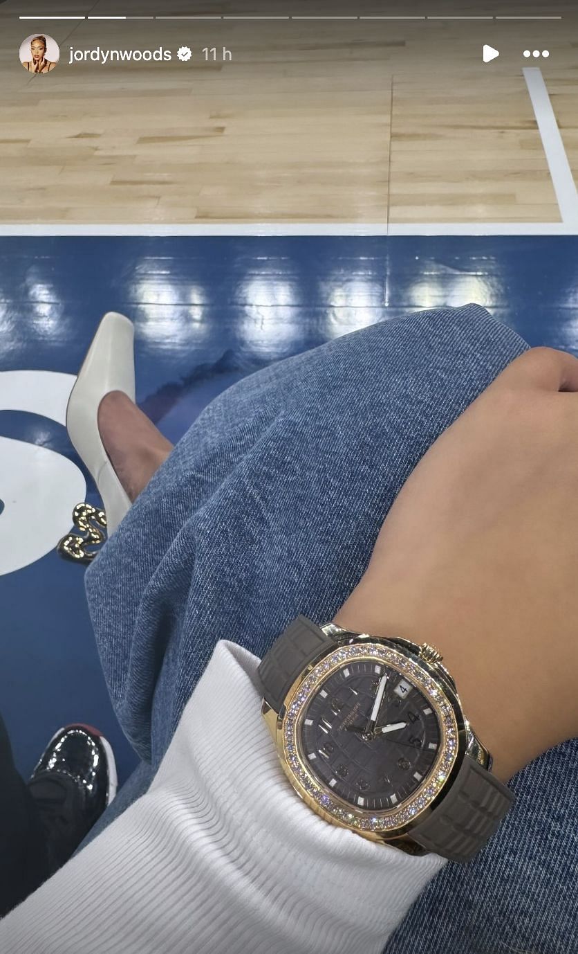 Karl-Anthony Towns&#039; girlfriend, Jordyn Woods, styles $85244 Patek Philippe courtside at Wolves game