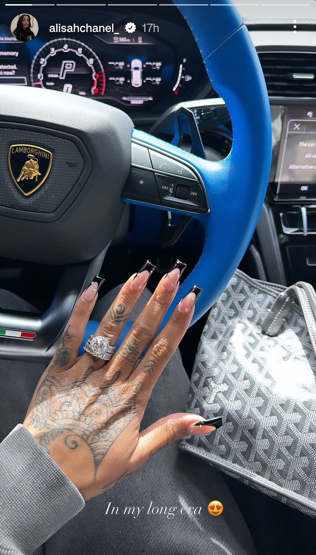 Alisah Chanel&#039;s Instagram story flaunting her nails behind the wheel of her Lamborghini
