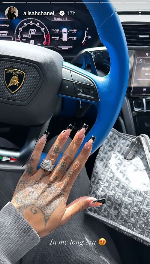 Alisah Chanel's Instagram story flaunting her nails behind the wheel of her Lamborghini