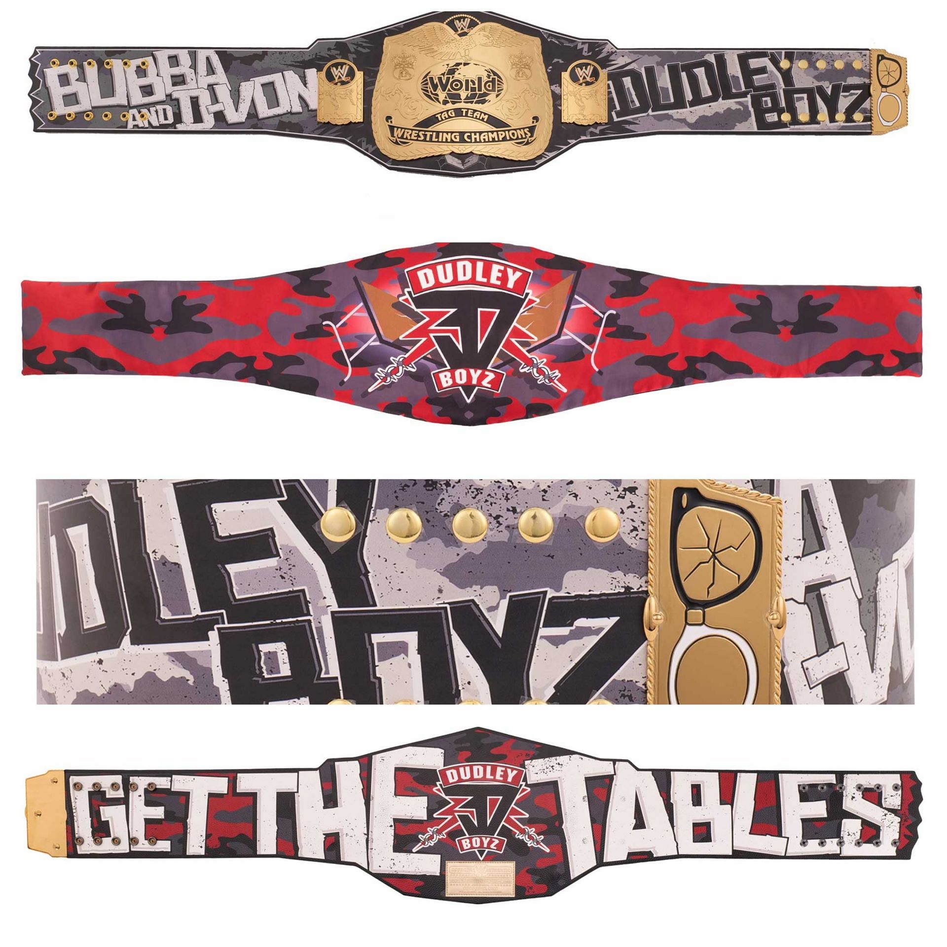 Photos of WWE Shop&#039;s Signature Series championship replicas for The Dudley Boyz