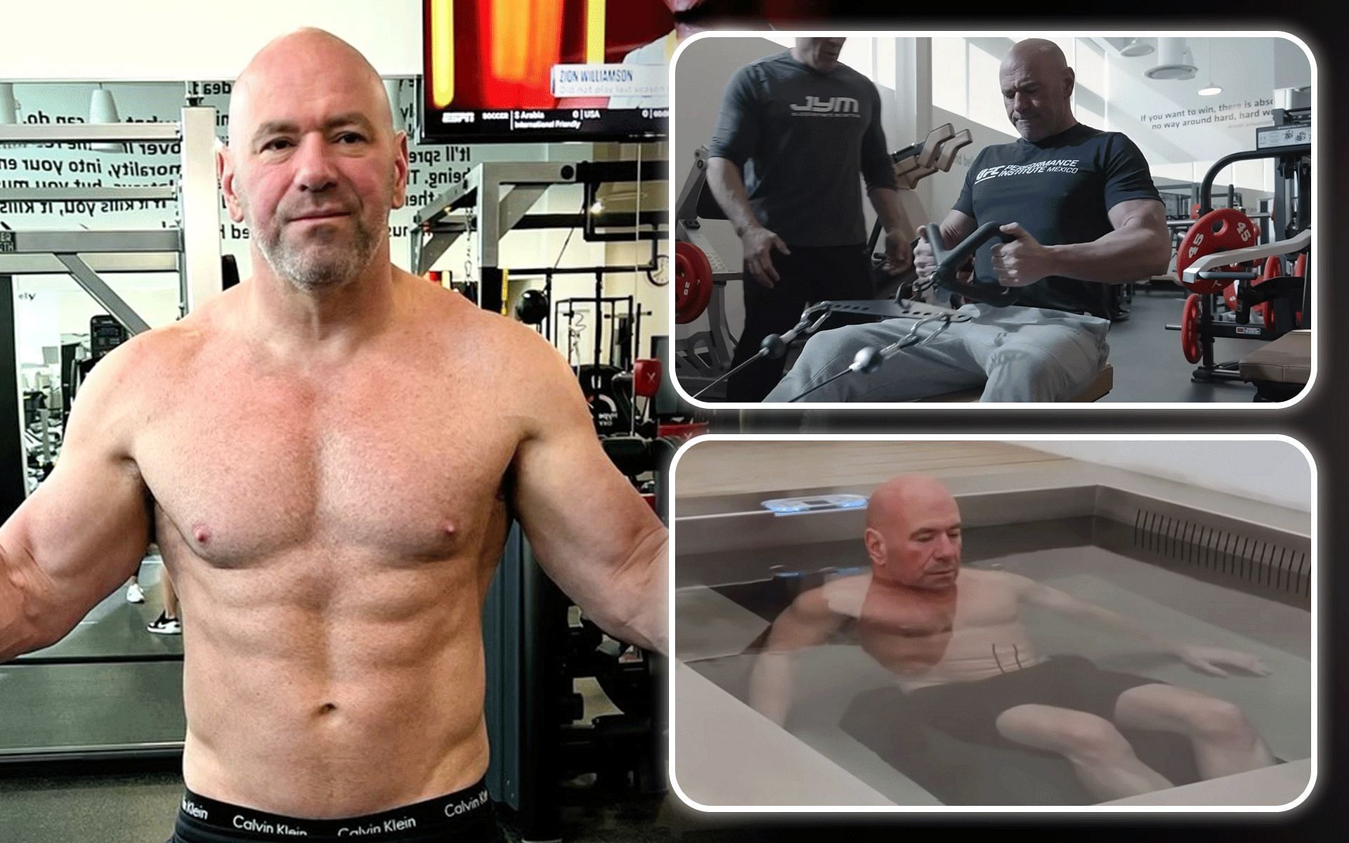A picture of Dana White after he started transforming his health in 2022 (left); White at his gym in 2024 (top right) and in a cold plunge (bottom right) [Images courtesy: left image via @danawhite on Instagram; right images via UFC YouTube channel]