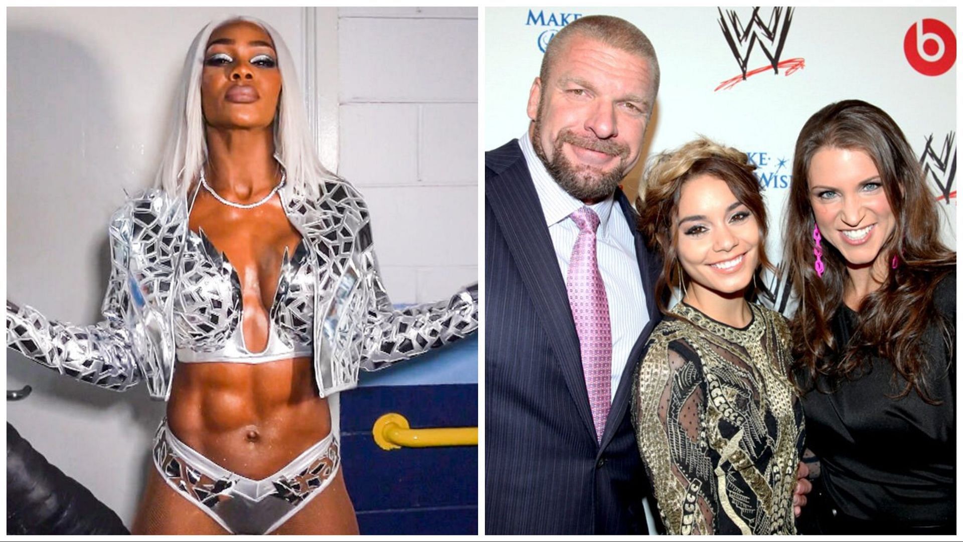 Jade Cargill backstage at the WWE Royal Rumble, Vanessa Hudgens with Triple H and Stephanie McMahon at Superstars For Hope Party 2013