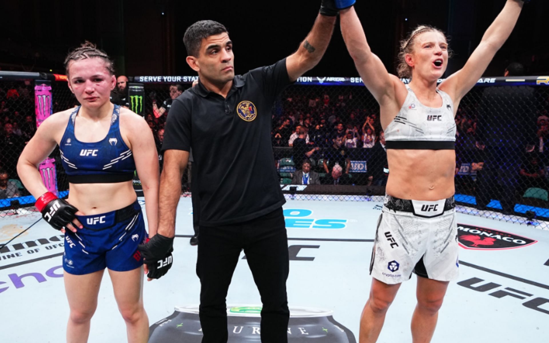 Erin Blanchfield (left) speaks out after losing to Manon Fiorot (right) at UFC Atlantic City [Image Courtesy: @ufceurope on X]