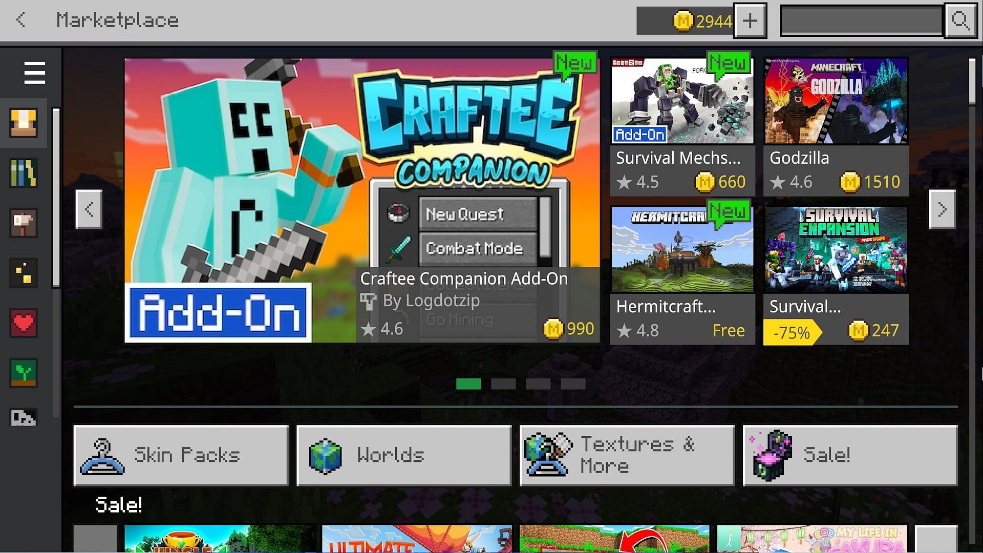 The marketplace&#039;s home screen (Image via Mojang)