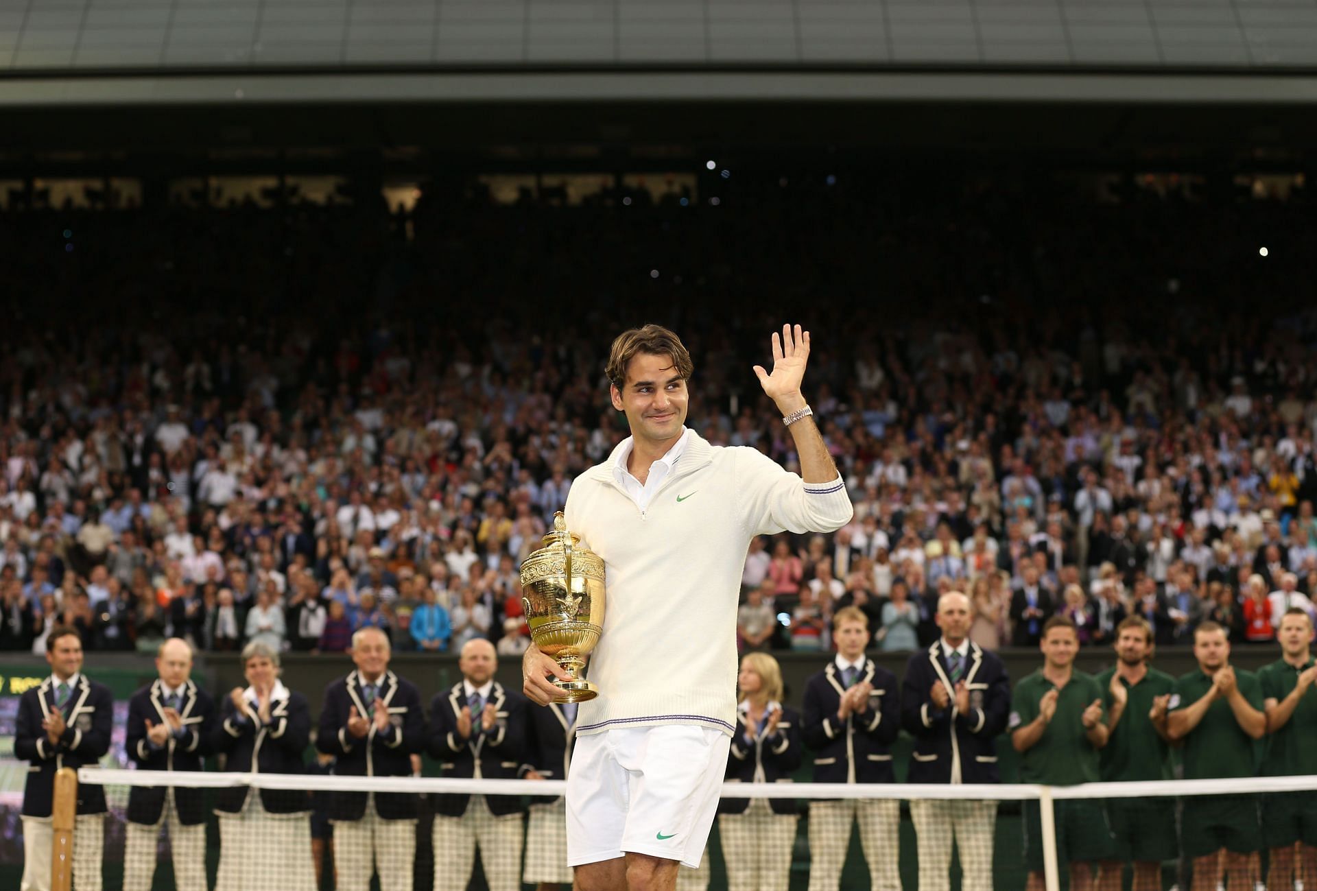 Roger Federer after winning his seventh Wimbledon title in 2012