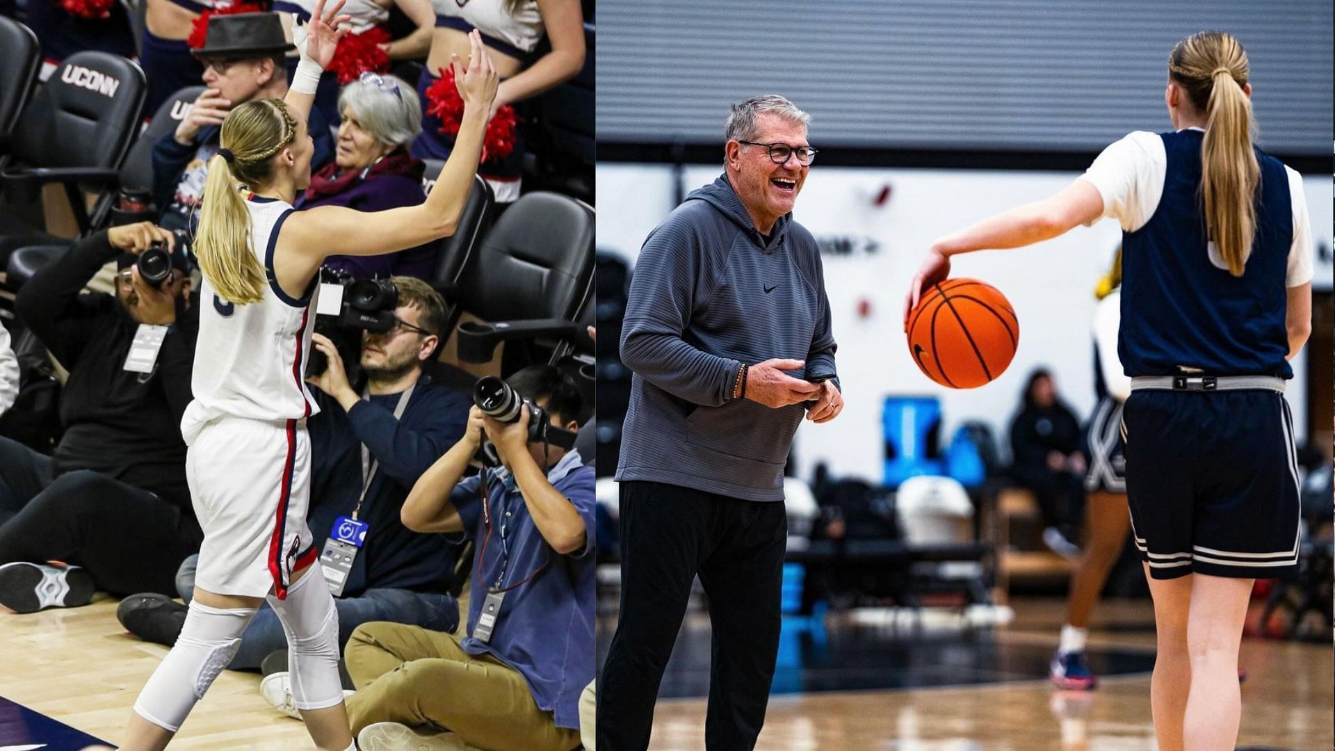 UConn basketball star, Paige Bueckers and coach Geno Auriemma