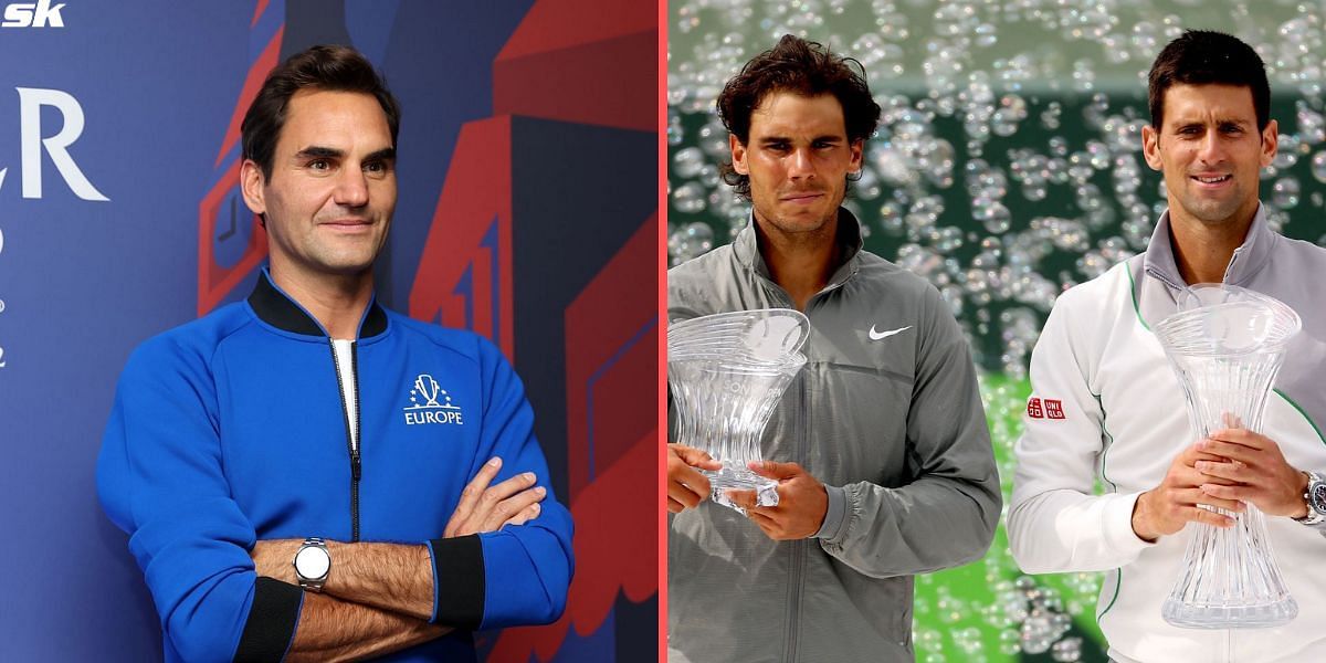 Roger Federer (L), Rafael Nadal and Novak Djokovic (R)